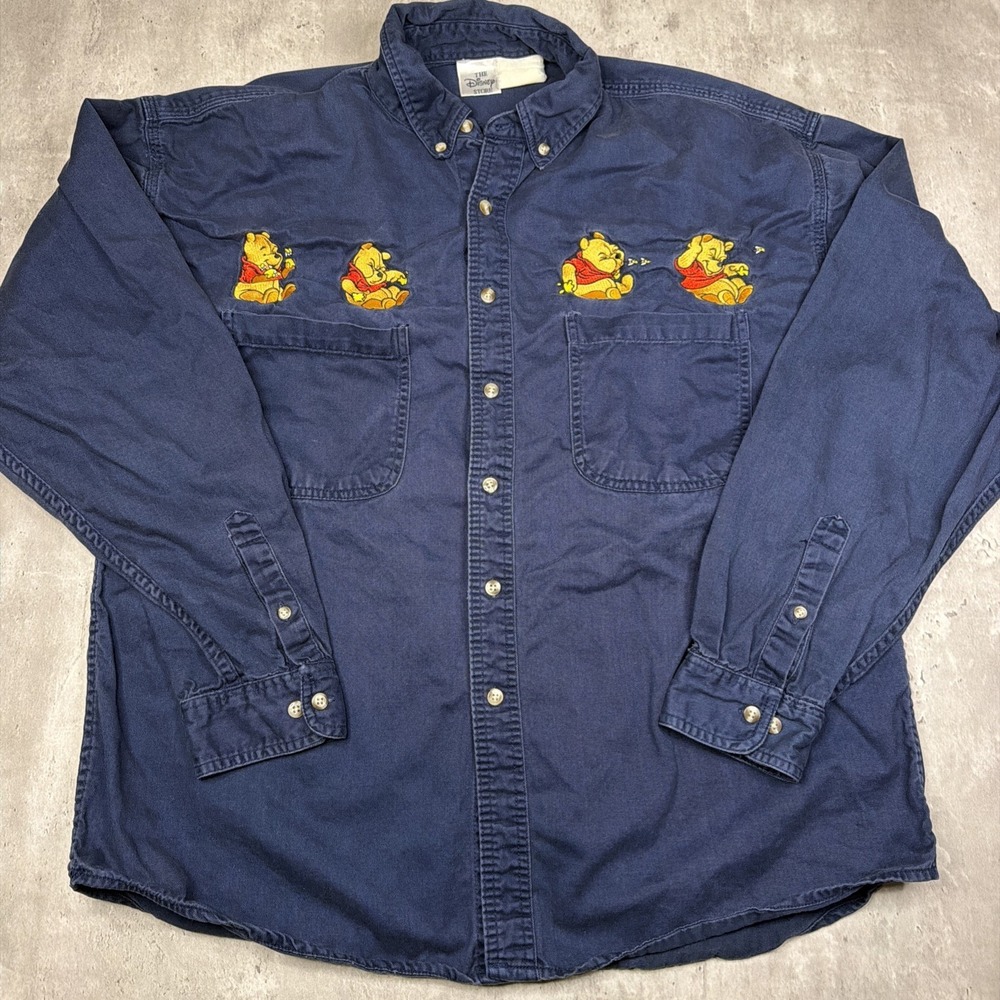 Vintage DISNEY Store 90s 00s Y2K Winnie the Pooh Embroidered Button Up Shirt L